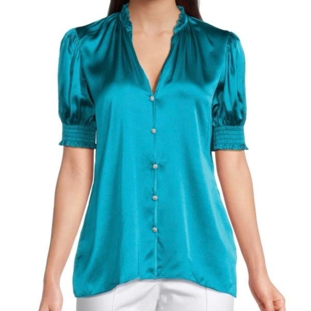 Robert‎ Graham Mila Silk Blend Satin Blouse Teal XS